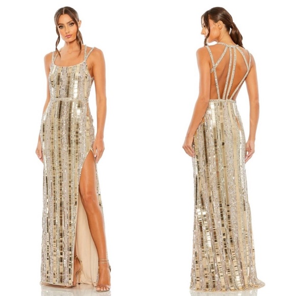 NWT Mac Duggal Nude Halter Neck Embellished Detailed Back Metallic Gown 93981 - Picture 2 of 8
